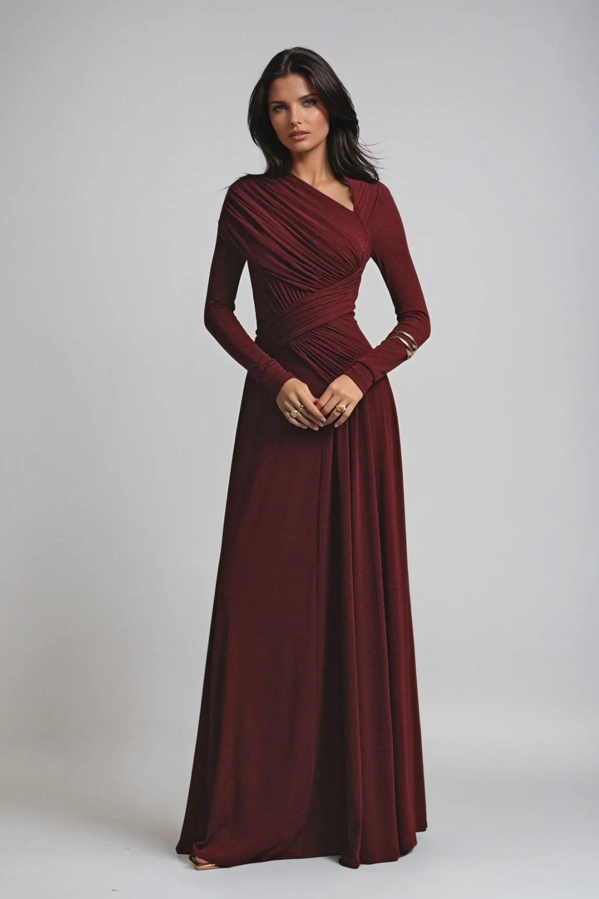 Asymmetric Neckline Ruched Long Sleeve Evening Maxi Dress - Image 2