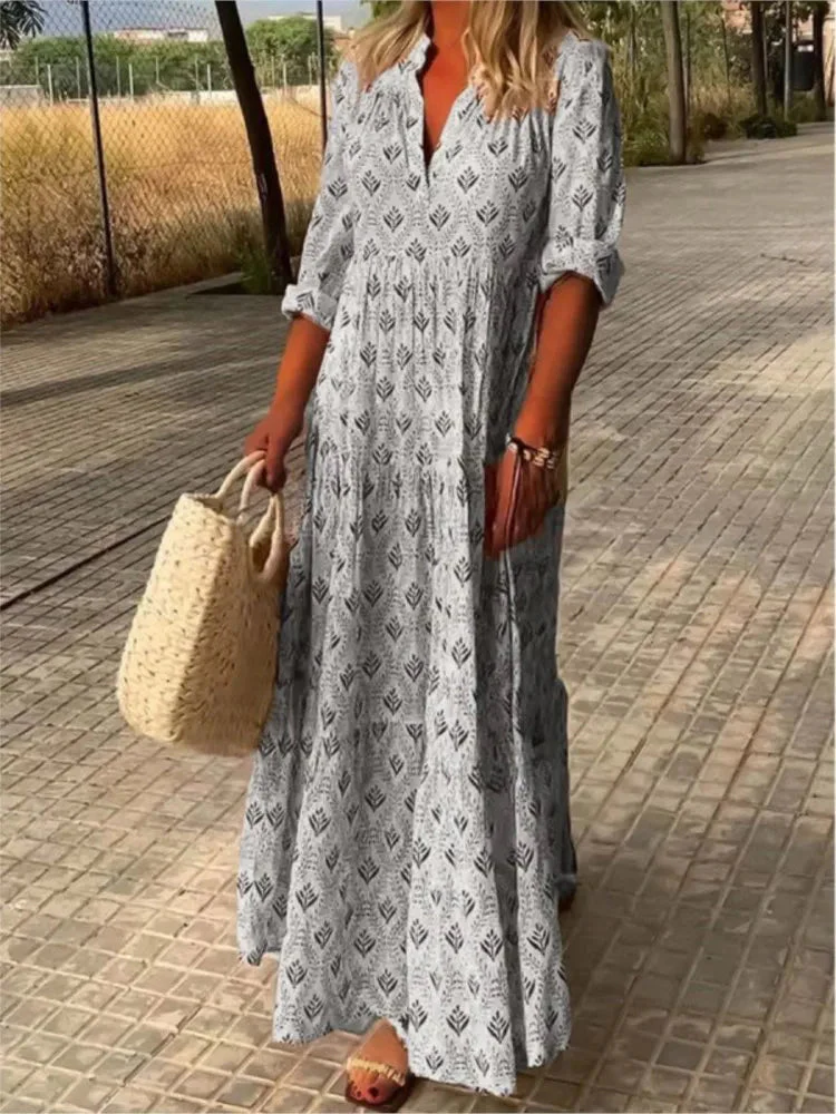 Autumn Vintage Long Dress – Flattering V-Neck Design for Effortless Style - Image 6