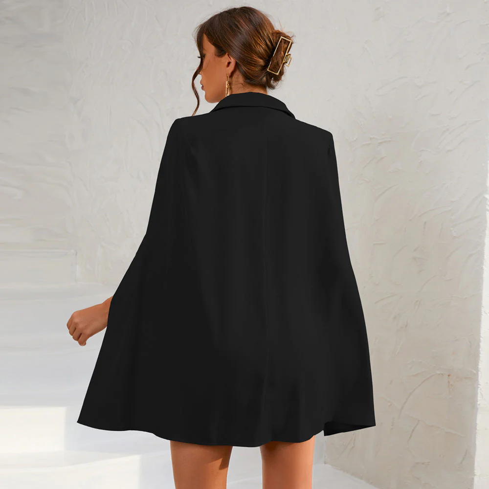 Belted Cape Mini Dress with Gold Buttons – Tailored Blazer-Style Dress - Image 4