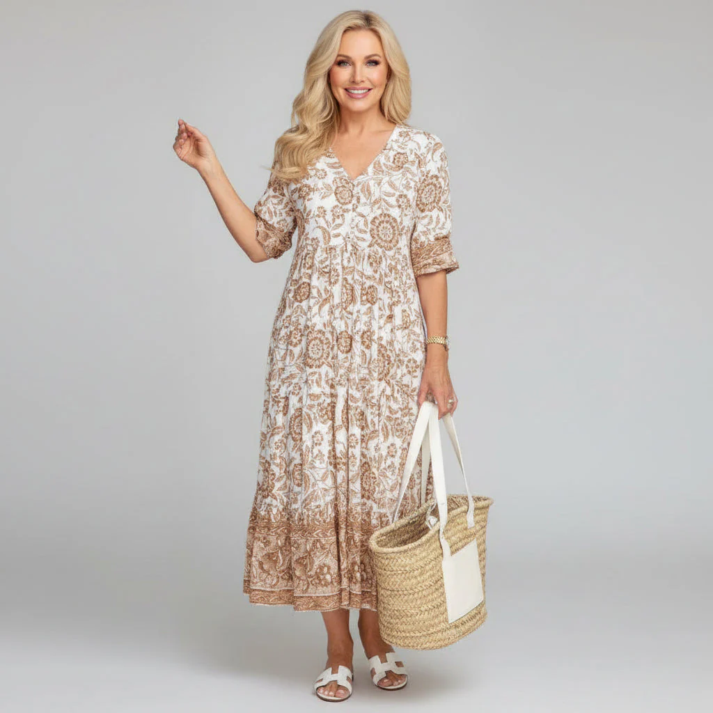 Block Print Tiered Boho Midi Dress for Summer - Image 2