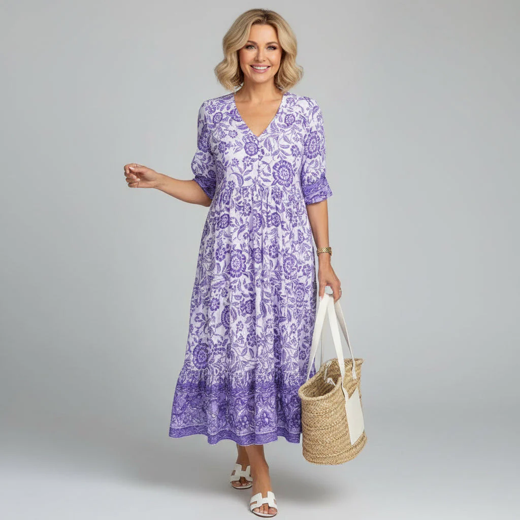 Block Print Tiered Boho Midi Dress for Summer - Image 3