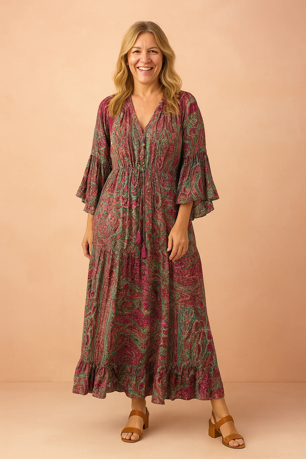 Bohemian Long Sleeve V-Neck Drawstring Waist Maxi Dress