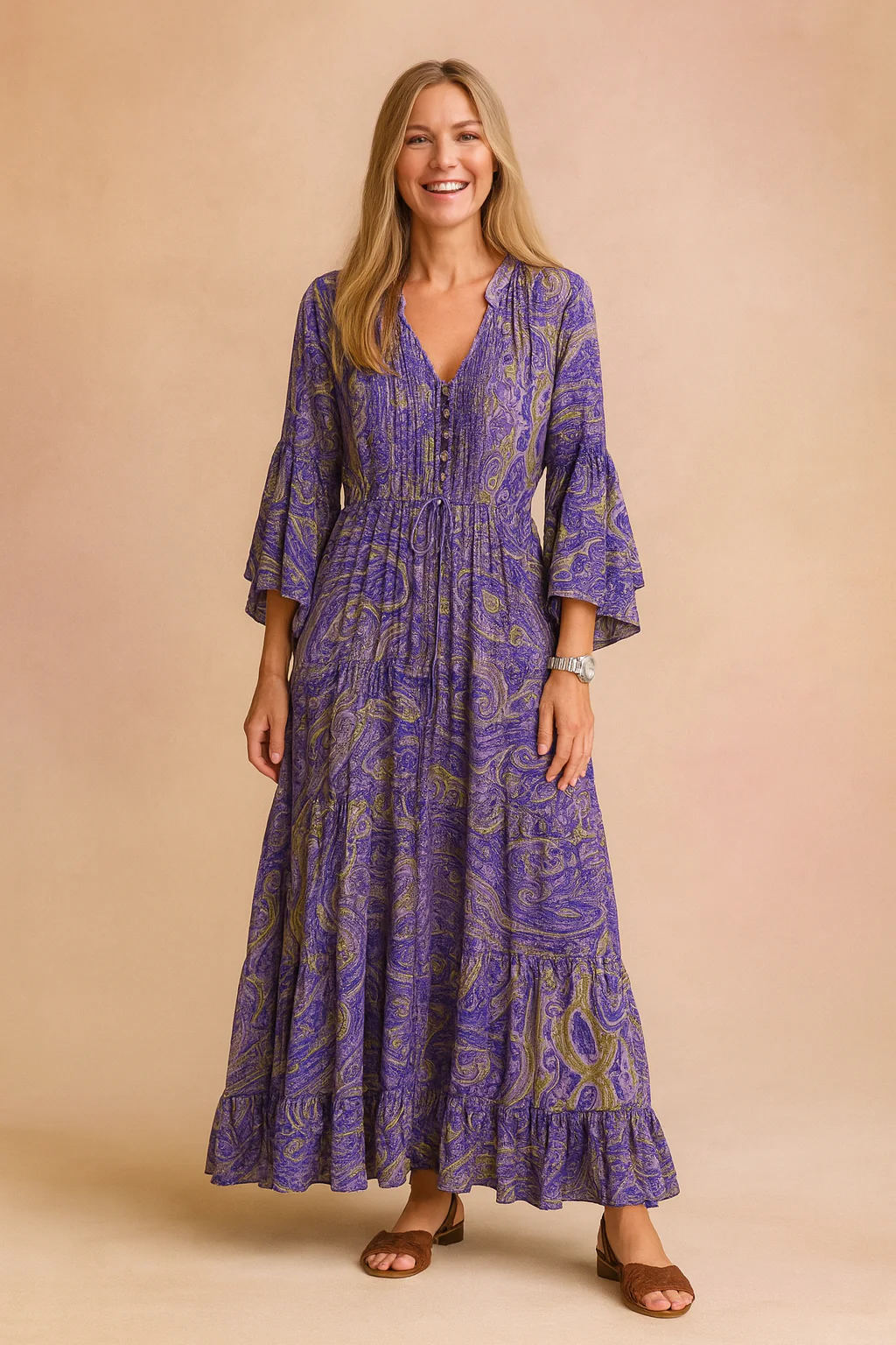 Bohemian Long Sleeve V-Neck Drawstring Waist Maxi Dress - Image 2