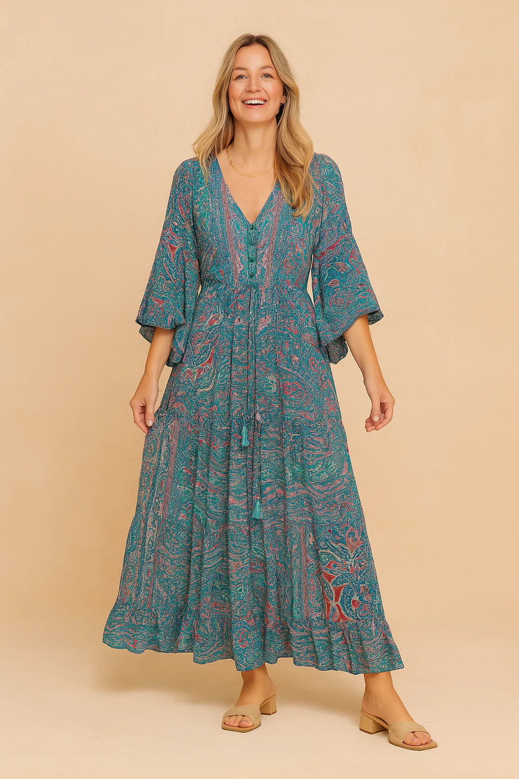 Bohemian Long Sleeve V-Neck Drawstring Waist Maxi Dress - Image 3