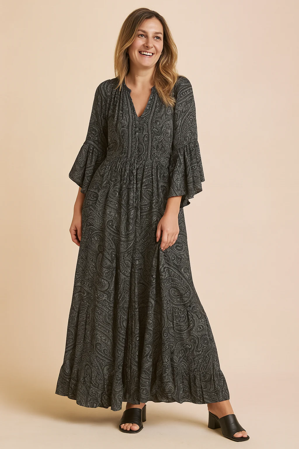 Bohemian Long Sleeve V-Neck Drawstring Waist Maxi Dress - Image 4