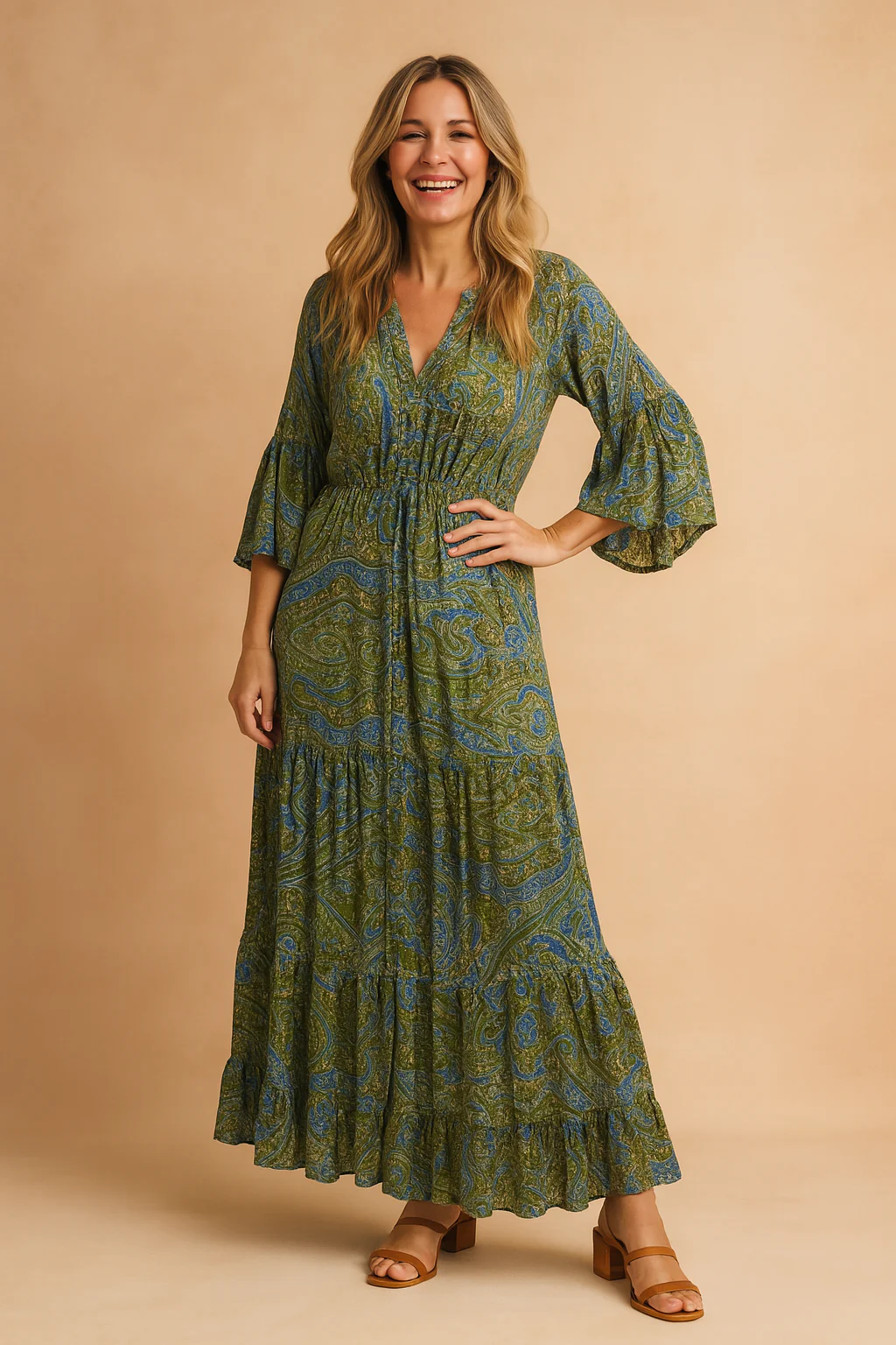 Bohemian Long Sleeve V-Neck Drawstring Waist Maxi Dress - Image 5