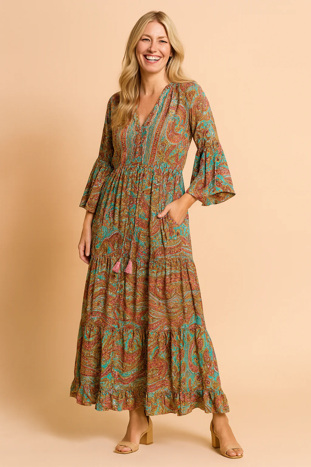 Bohemian Long Sleeve V-Neck Drawstring Waist Maxi Dress - Image 6