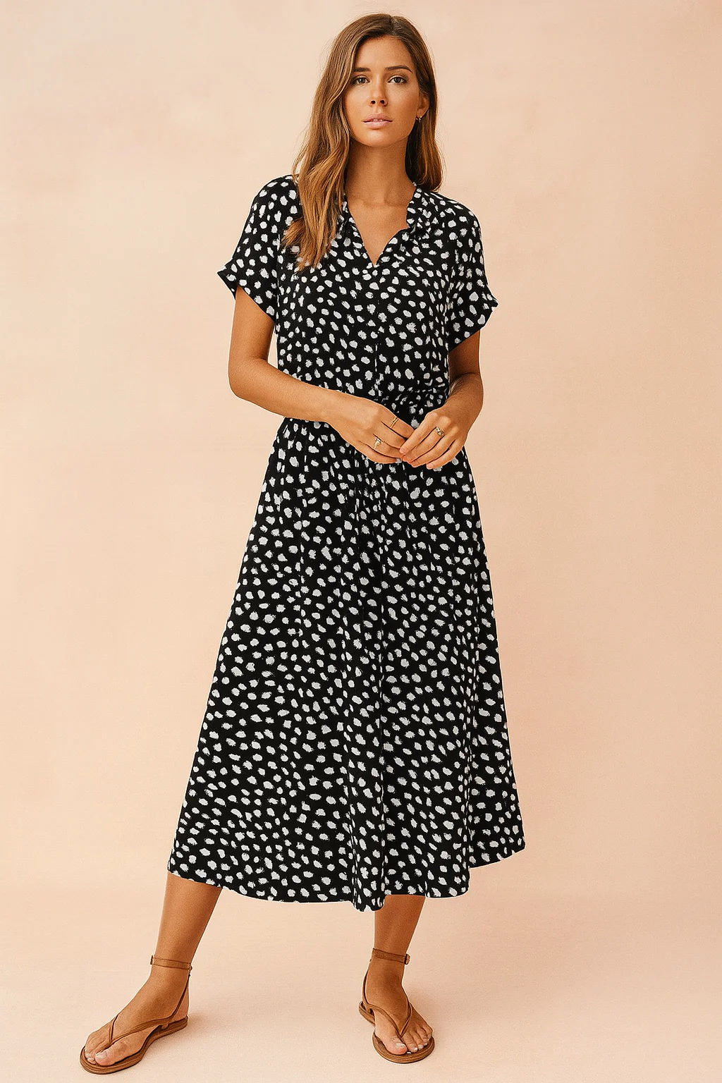 Boho-Inspired V-Neck Short Sleeve Tiered Midi Sundress - Image 3
