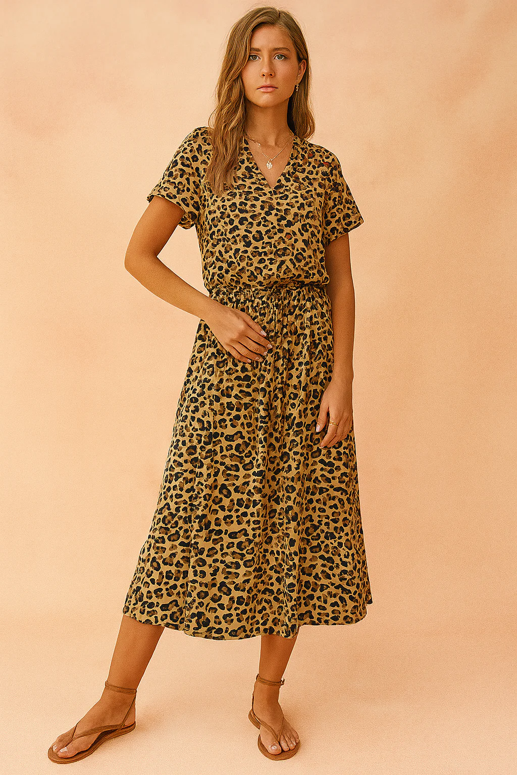 Boho-Inspired V-Neck Short Sleeve Tiered Midi Sundress - Image 7