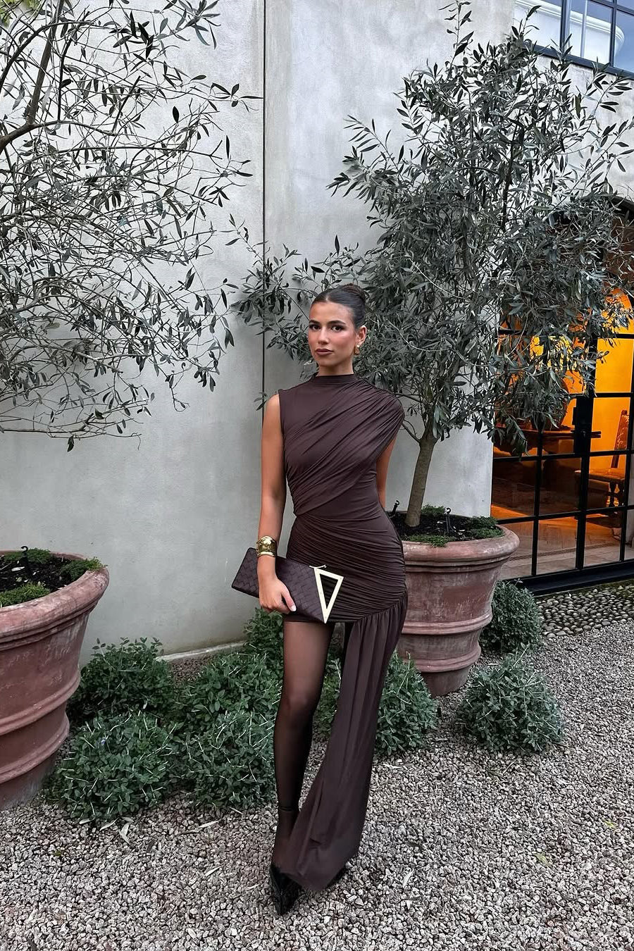 Asymmetric Ruched Chocolate Brown Wedding Guest Mini Dress - Image 5