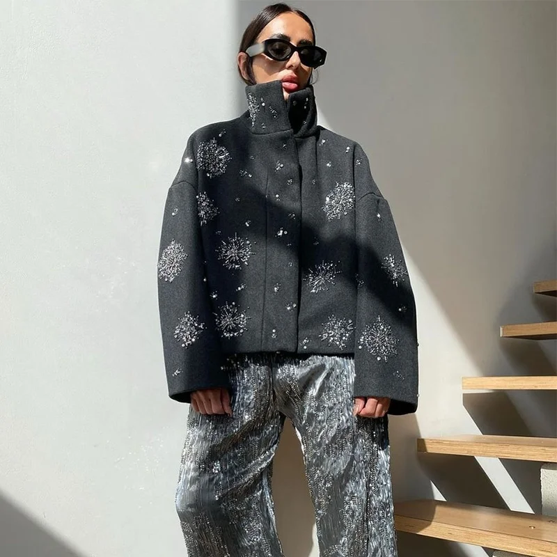Women's Embroidery Beading Pea Coat - Image 4
