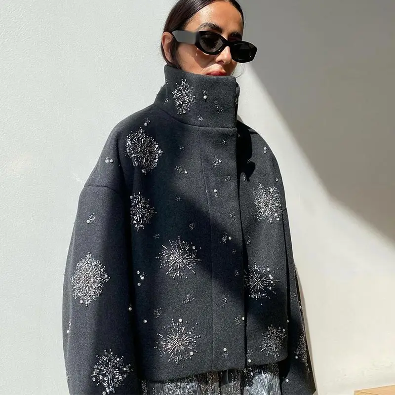 Women's Embroidery Beading Pea Coat - Image 5