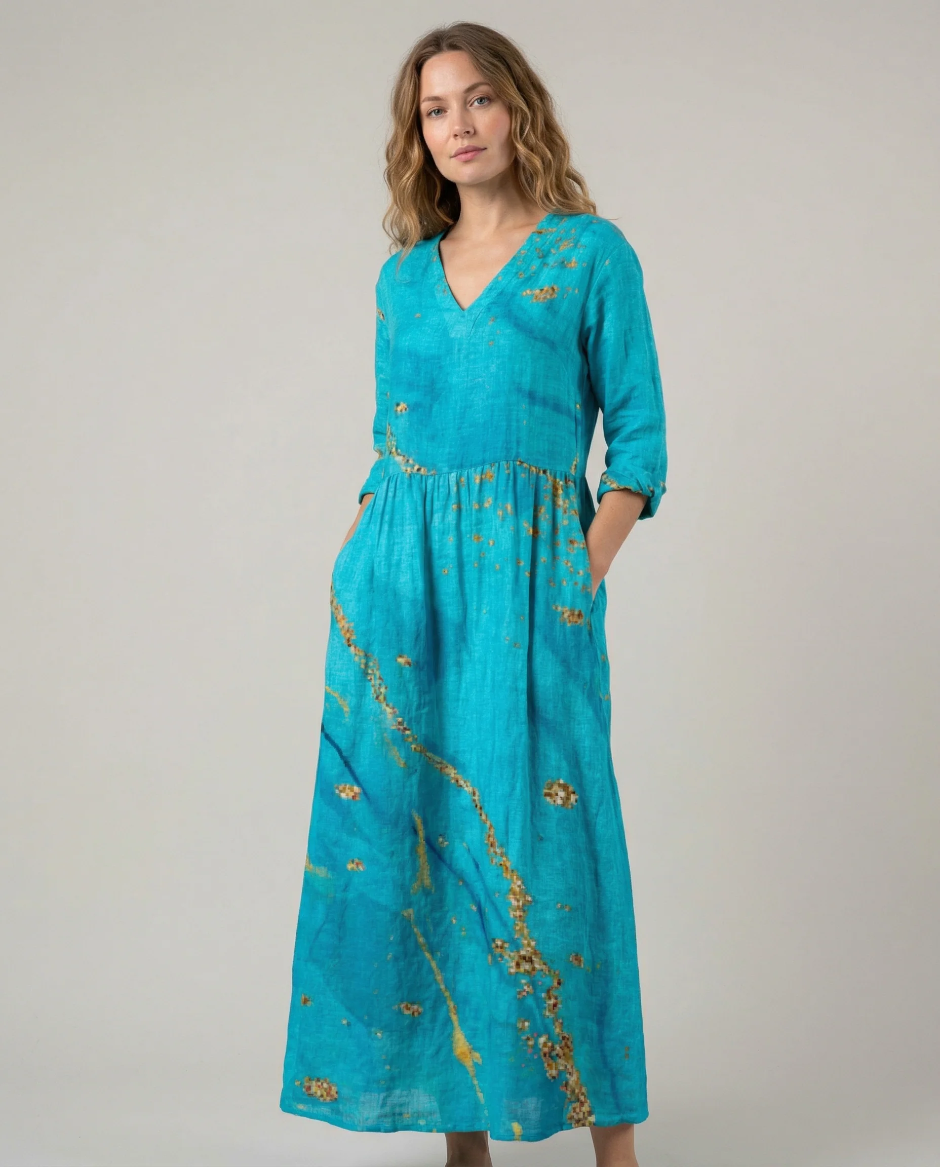 Chic V-Neck Long Sleeve Dress – Unique Spliced Print for Effortless Style - Image 2