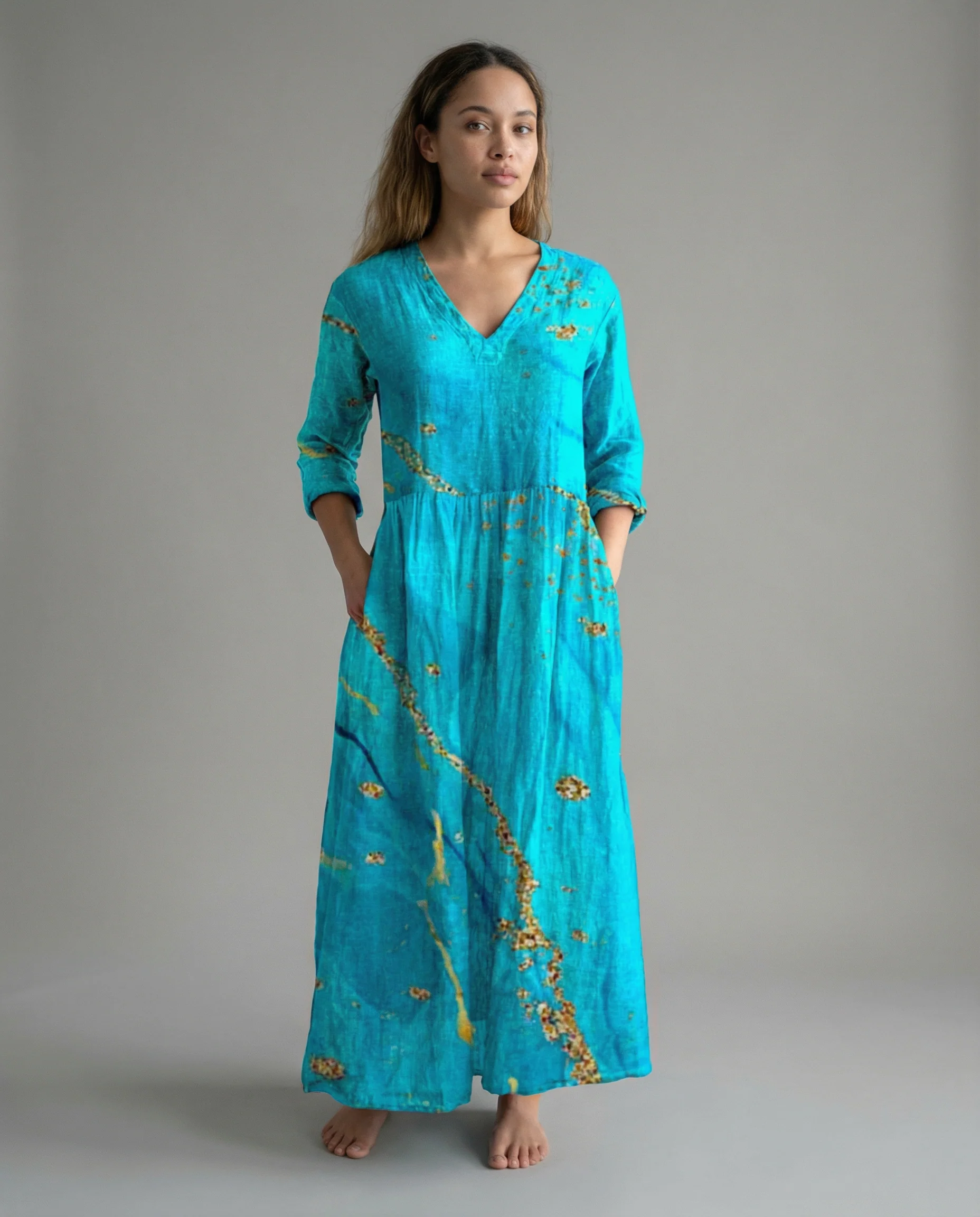 Chic V-Neck Long Sleeve Dress – Unique Spliced Print for Effortless Style - Image 3