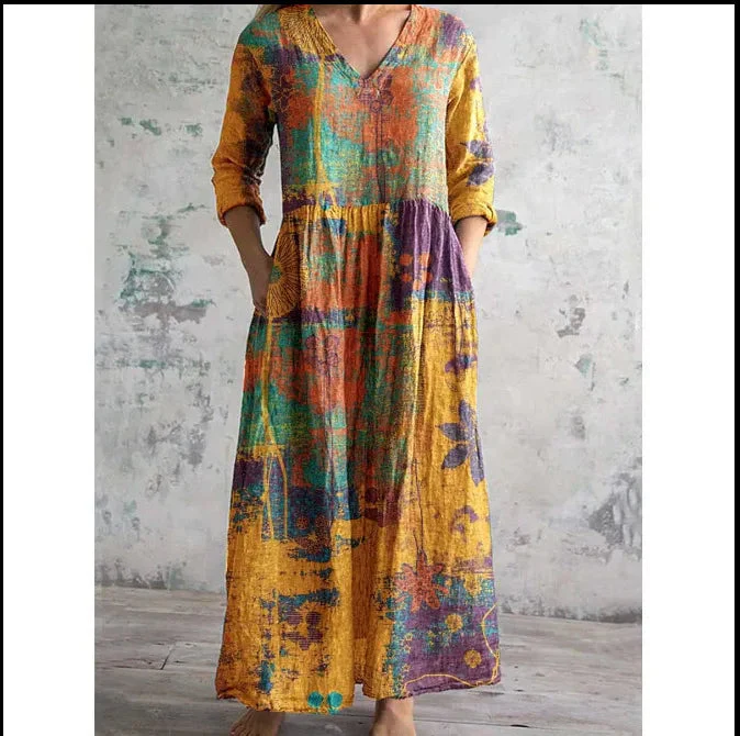Chic V-Neck Long Sleeve Dress – Unique Spliced Print for Effortless Style - Image 8
