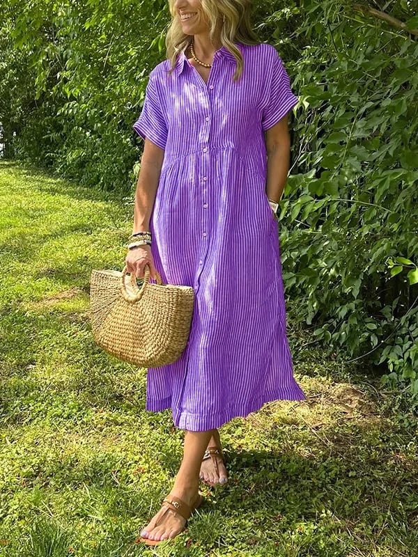 Coastal Striped Button Front Midi Shirt Dress for Effortless Days - Image 7