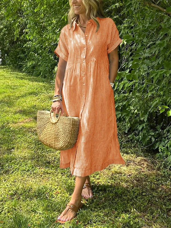 Coastal Striped Button Front Midi Shirt Dress for Effortless Days - Image 9