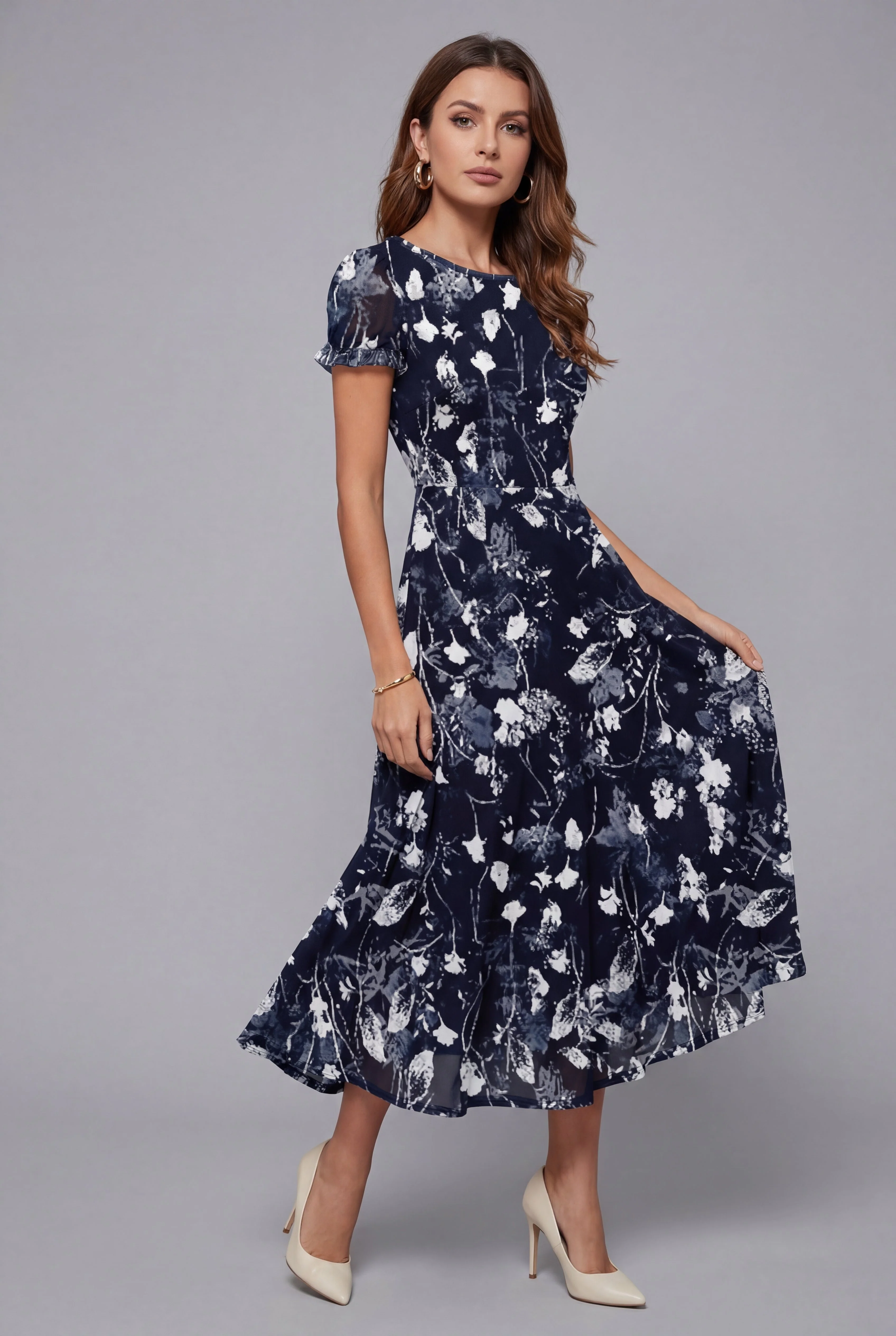 Crew Neck Short Sleeve Floral Chiffon Flowy Midi Summer Dress