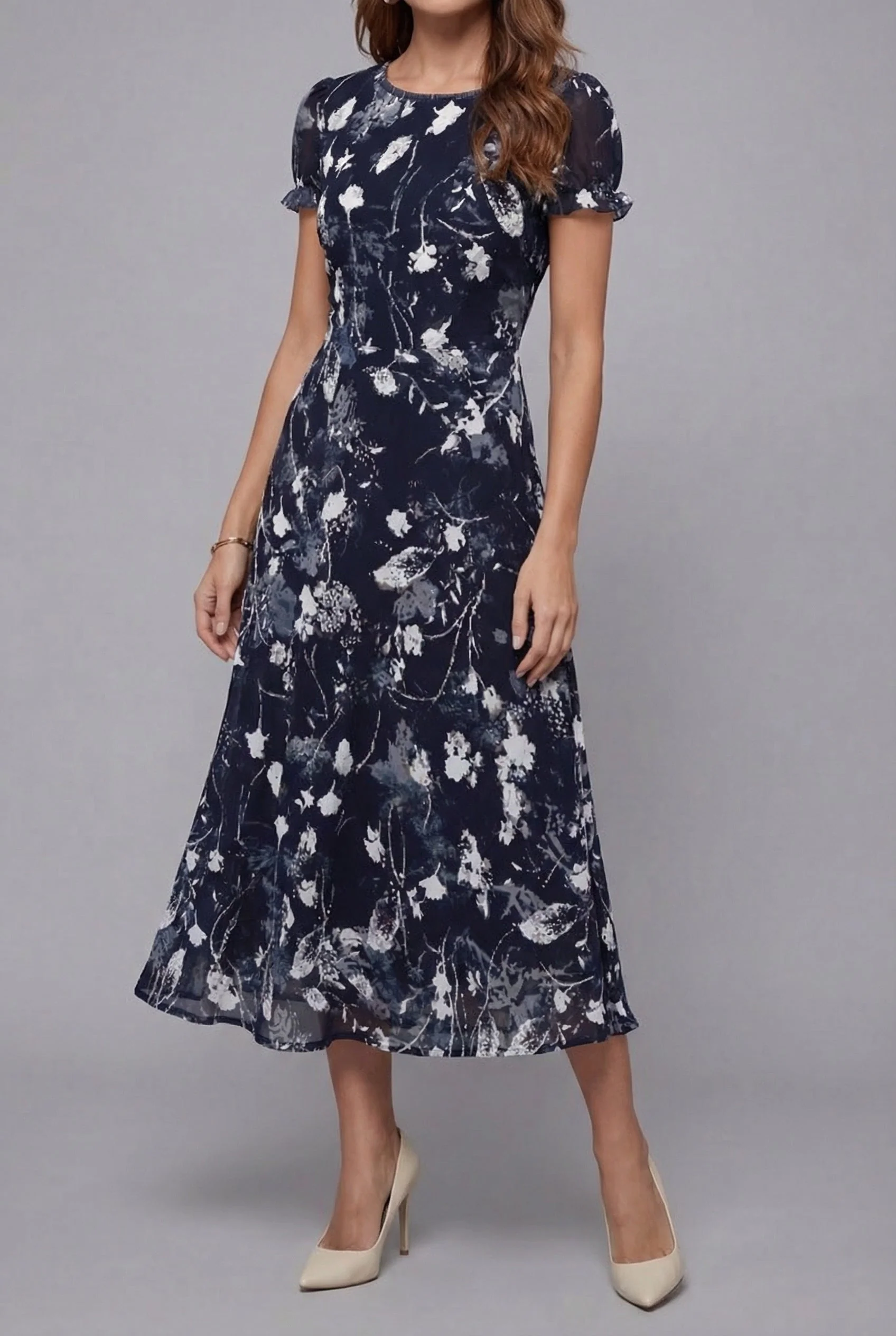 Crew Neck Short Sleeve Floral Chiffon Flowy Midi Summer Dress - Image 2
