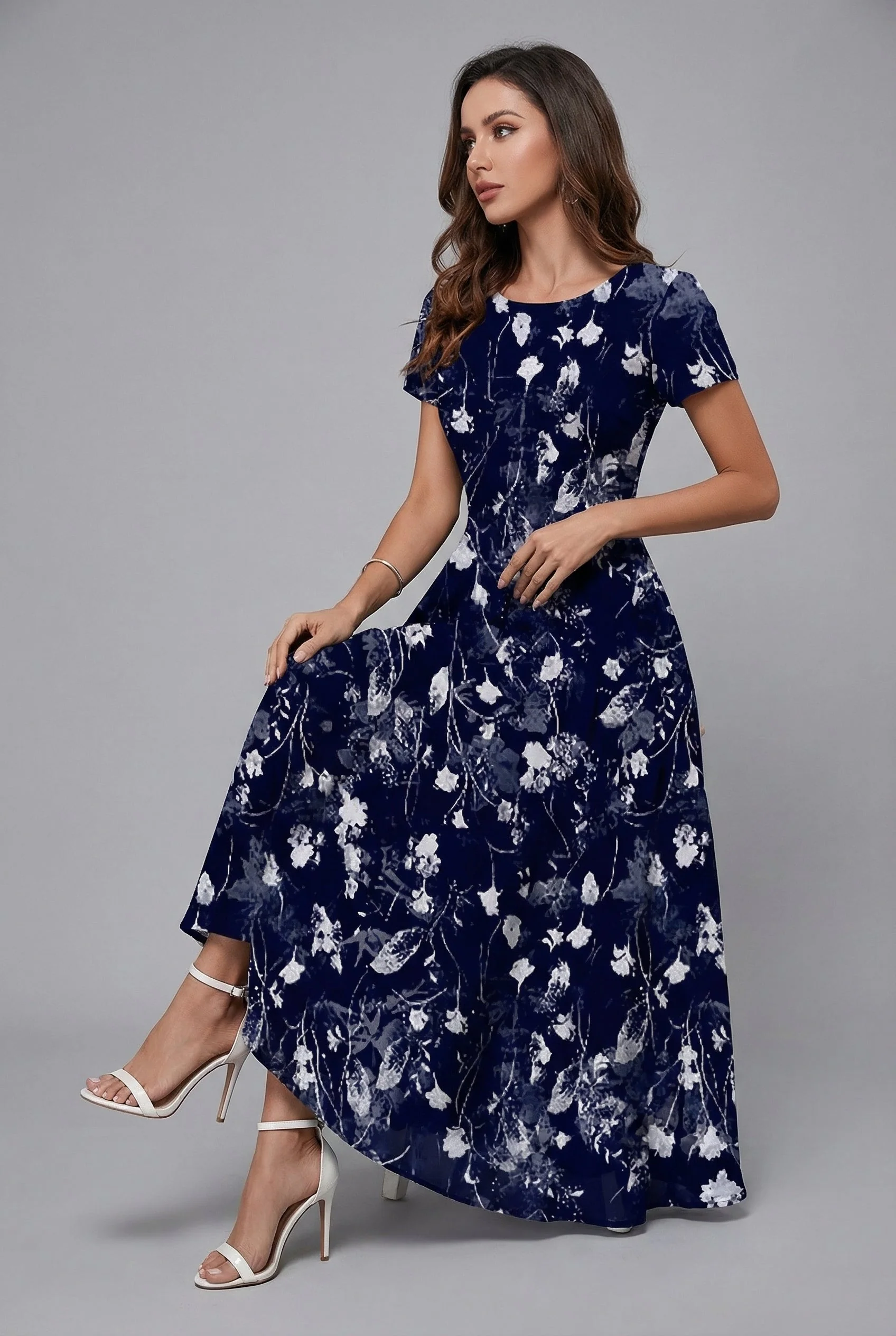 Crew Neck Short Sleeve Floral Chiffon Flowy Midi Summer Dress - Image 3