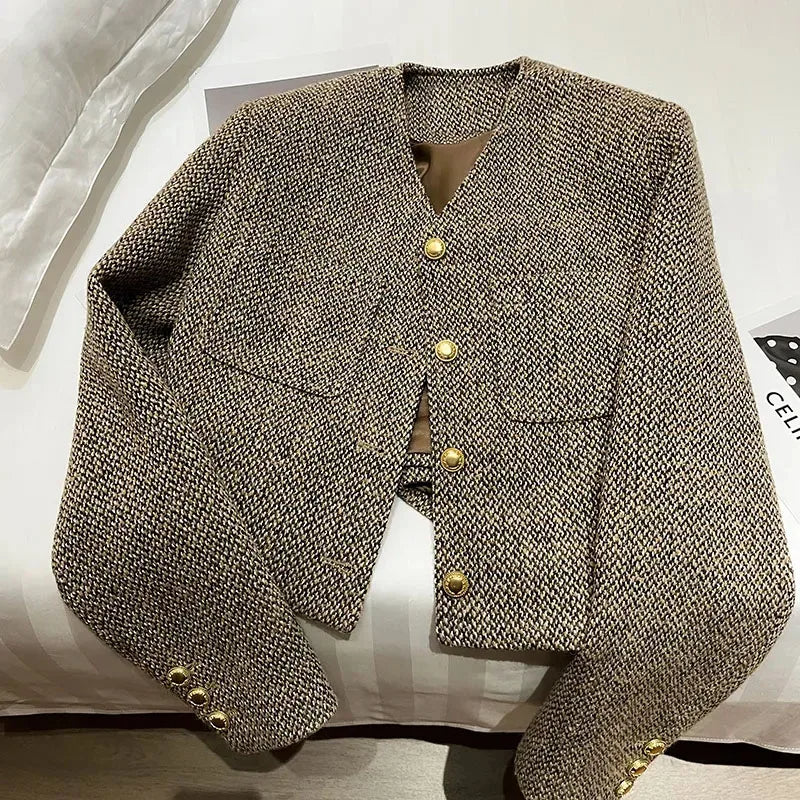 Cropped Boxy Blazer – Tweed Jacket with Gold Buttons - Image 4