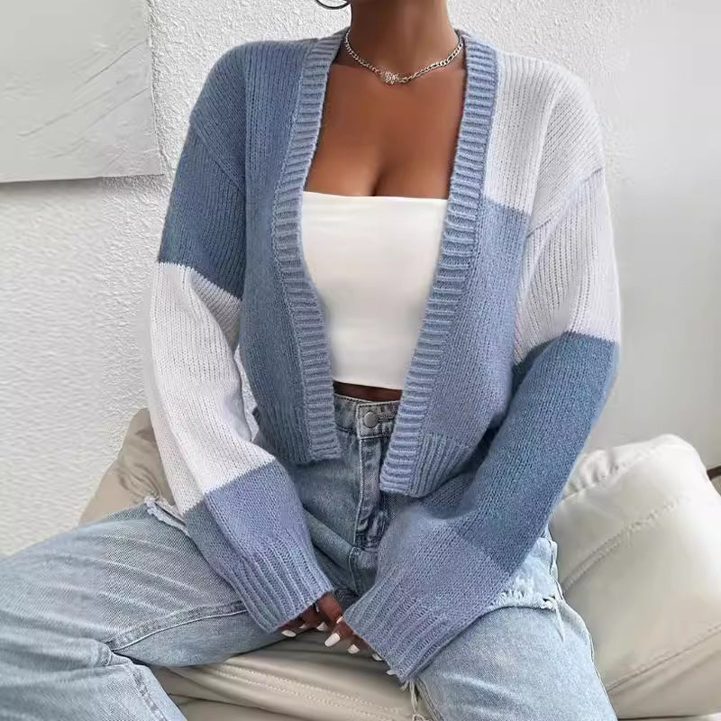 Cropped Color Block Cardigan - Knit Button Front Sweater - Image 3
