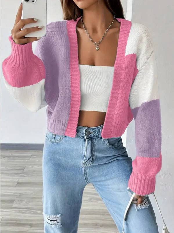 Cropped Color Block Cardigan - Knit Button Front Sweater - Image 4