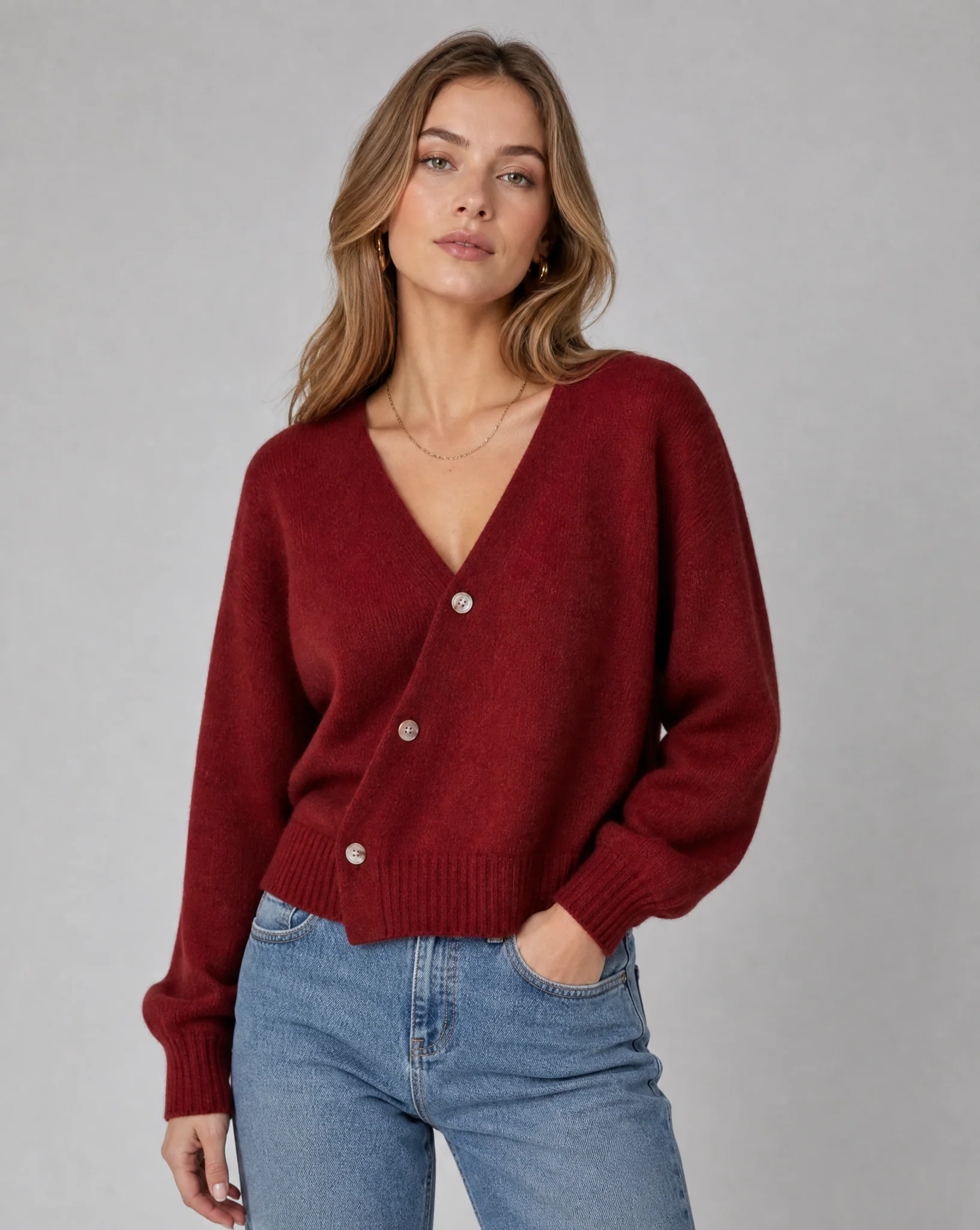 Cross Button V-Neck Wool Blend Sweater for Women