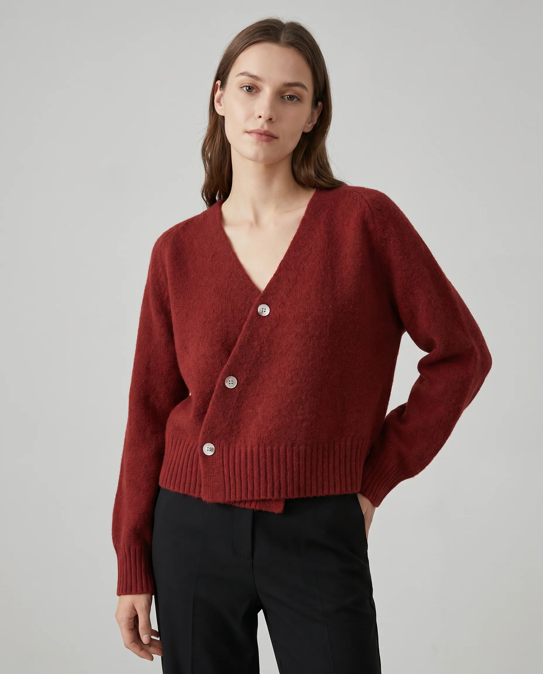 Cross Button V-Neck Wool Blend Sweater for Women - Image 3