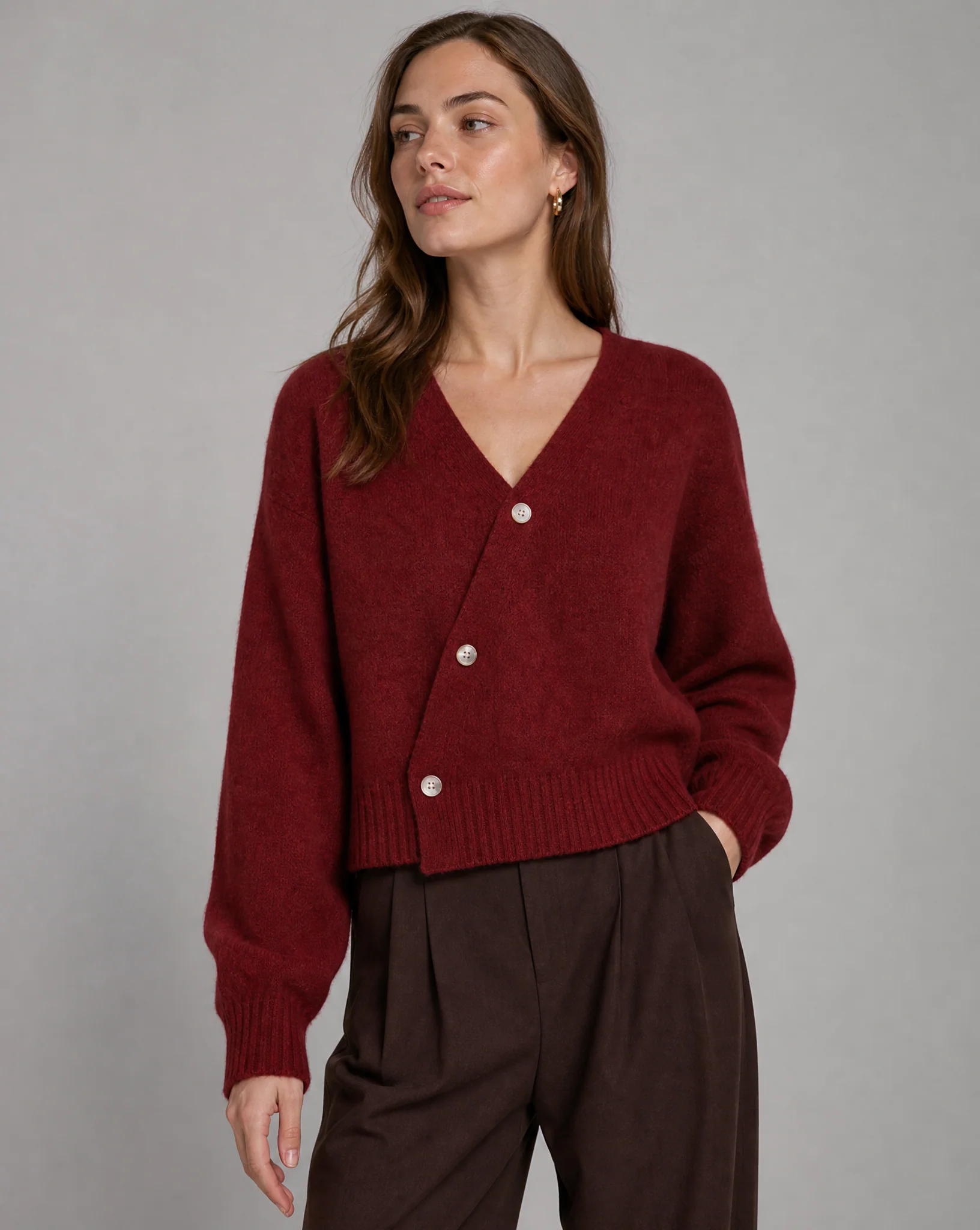 Cross Button V-Neck Wool Blend Sweater for Women - Image 4