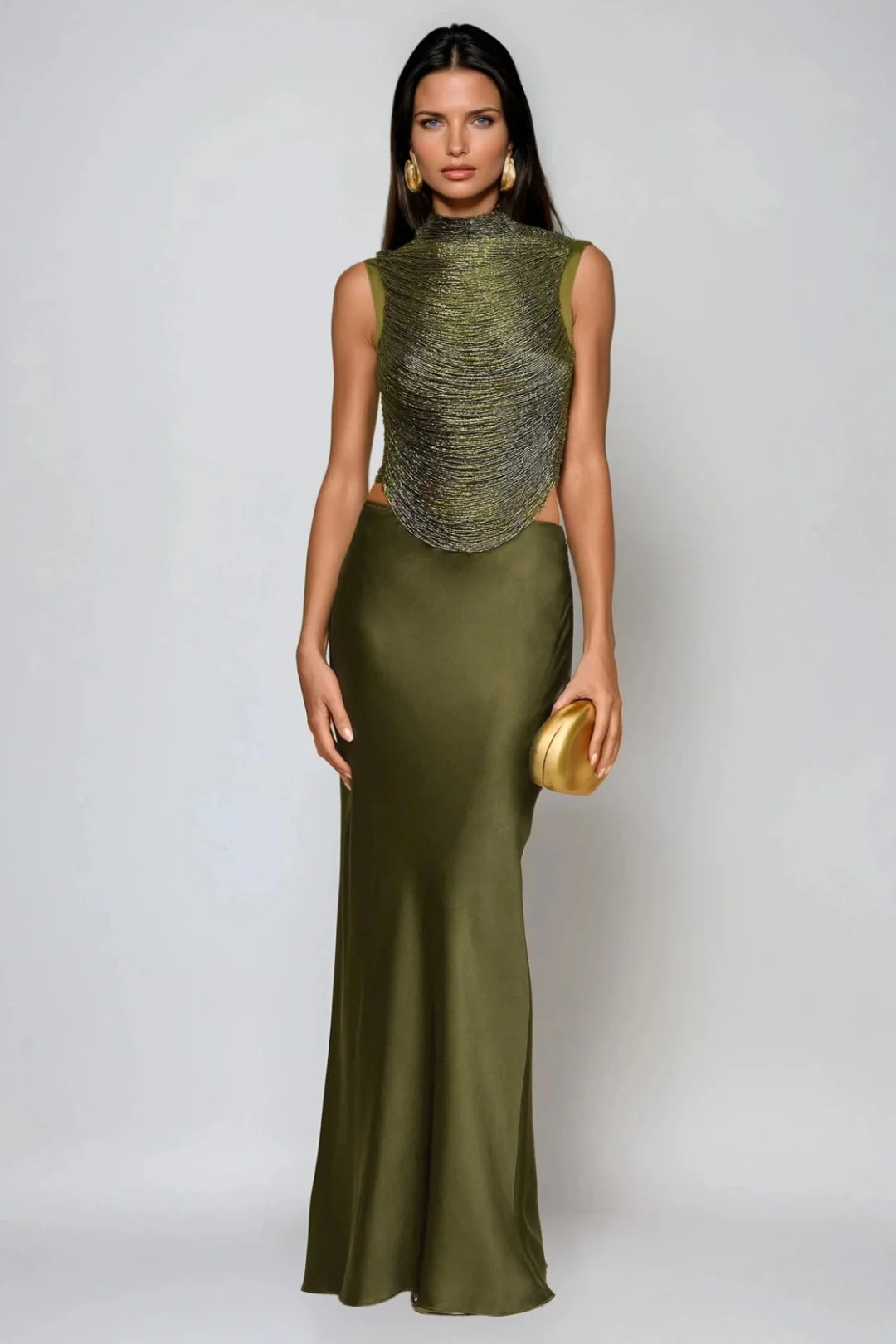 Draped High Neck Top and Satin Maxi Skirt Two-Piece Set