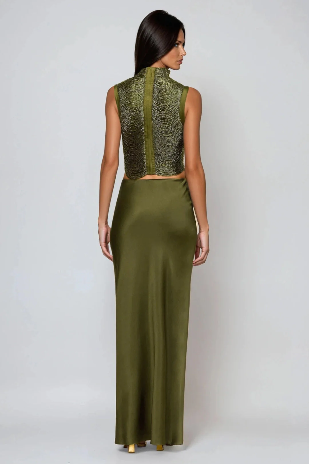 Draped High Neck Top and Satin Maxi Skirt Two-Piece Set - Image 2