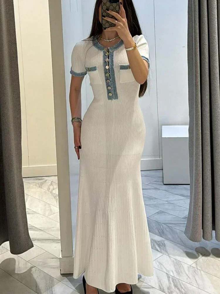 White Ribbed Knit Maxi Dress – Short Sleeve Elegant Summer Dress for Women - Image 6