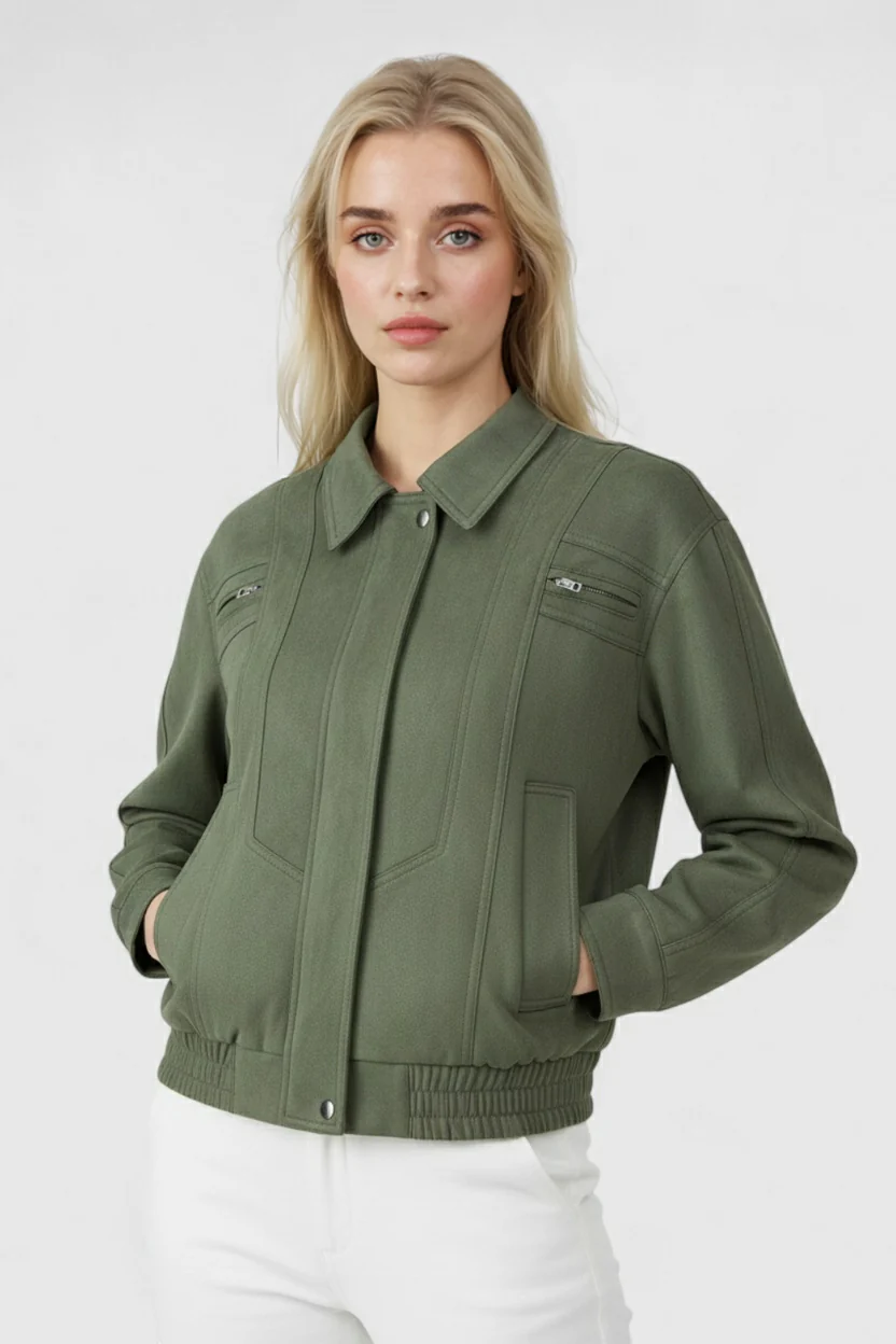 Elegant Green Bomber Jacket with Timeless Style - Image 2