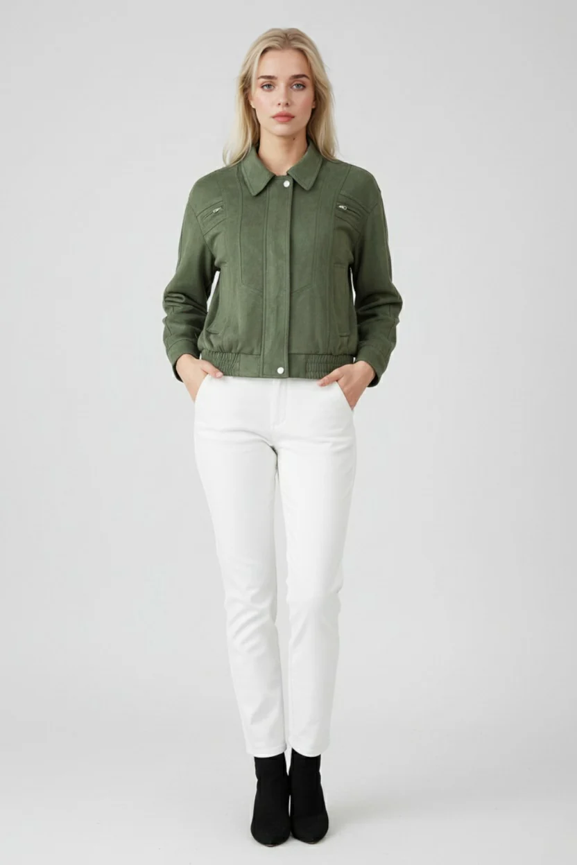 Elegant Green Bomber Jacket with Timeless Style - Image 3
