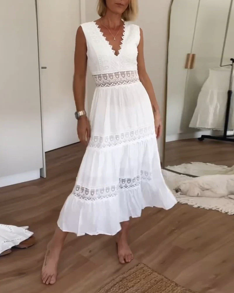 Cute Airy White Summer Midi dress with lace and V-neck - Image 2