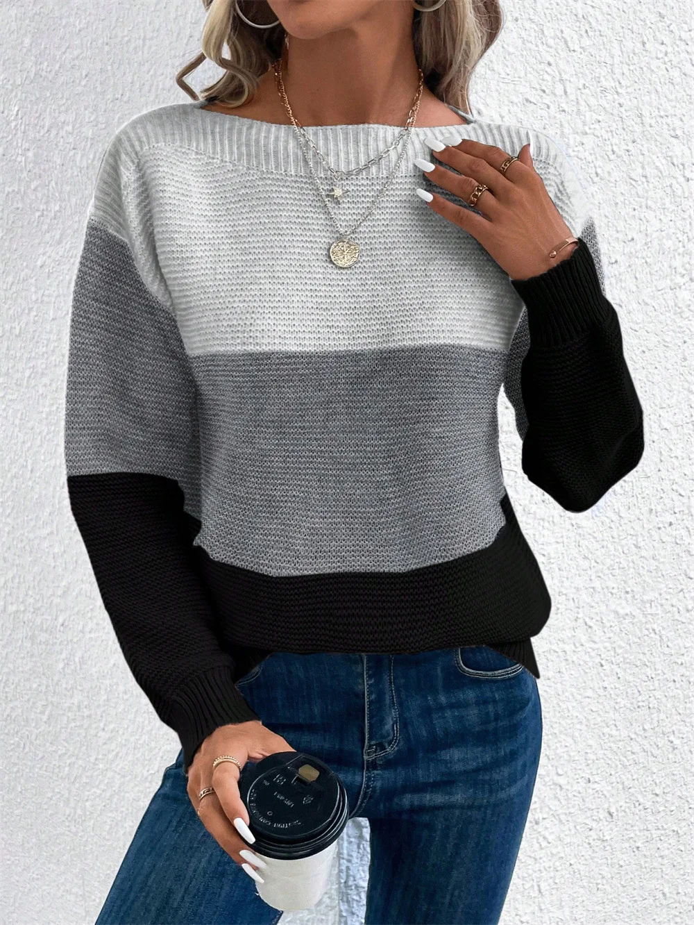 Women's Three-color Knitted Patchwork Sweater - Image 10