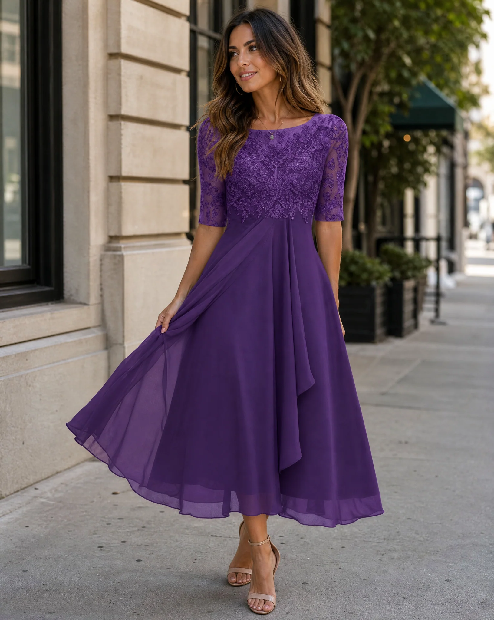 Elegant Flowy Women's Party Dress with Lace Bodice - Image 3