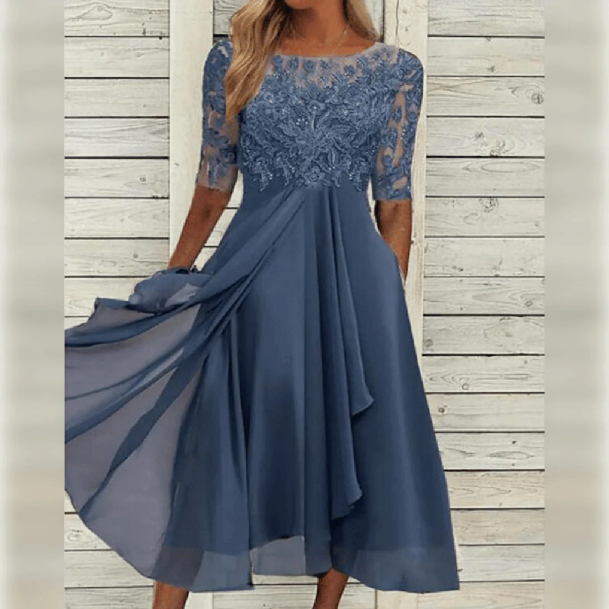 Elegant Flowy Women's Party Dress with Lace Bodice - Image 6