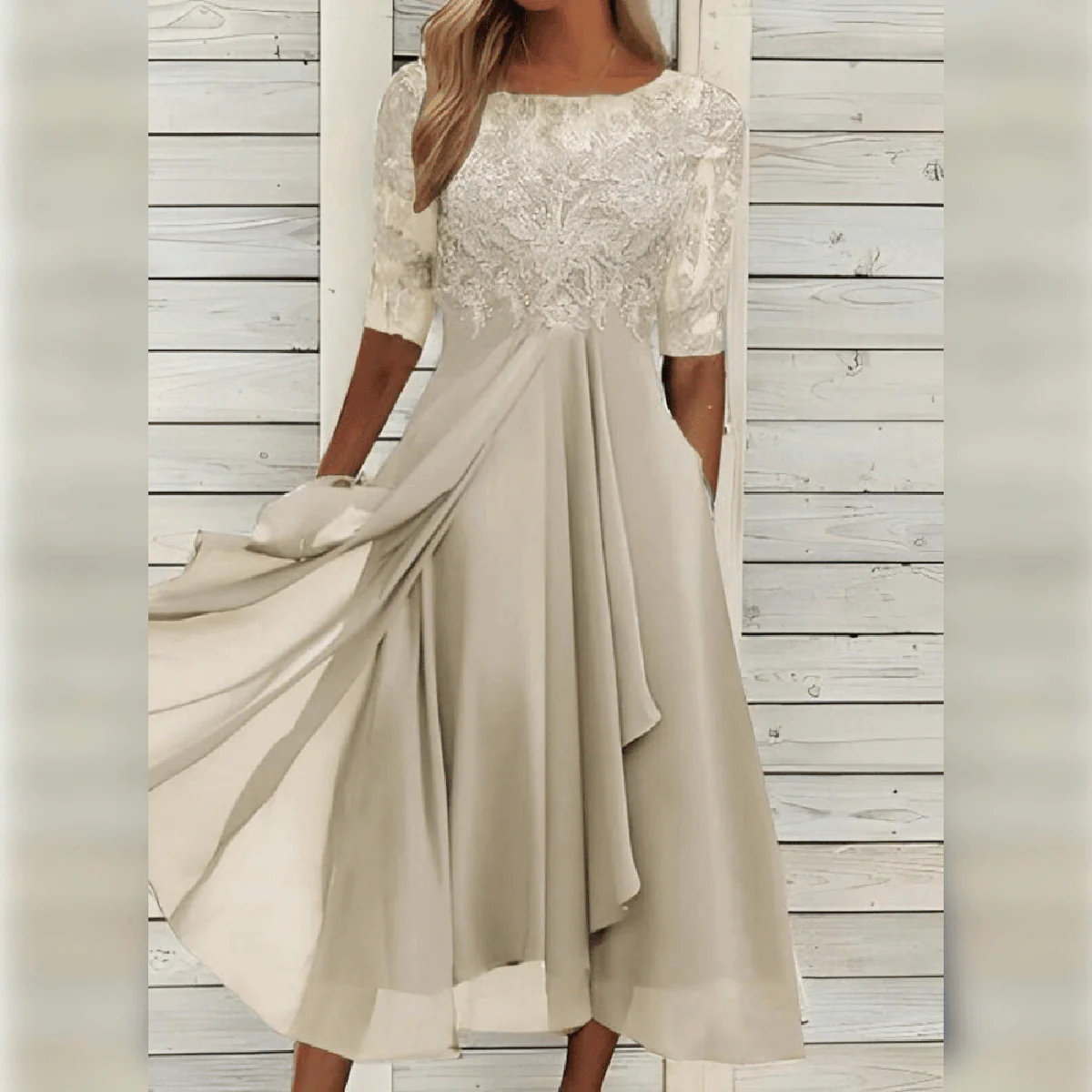 Elegant Flowy Women's Party Dress with Lace Bodice - Image 7