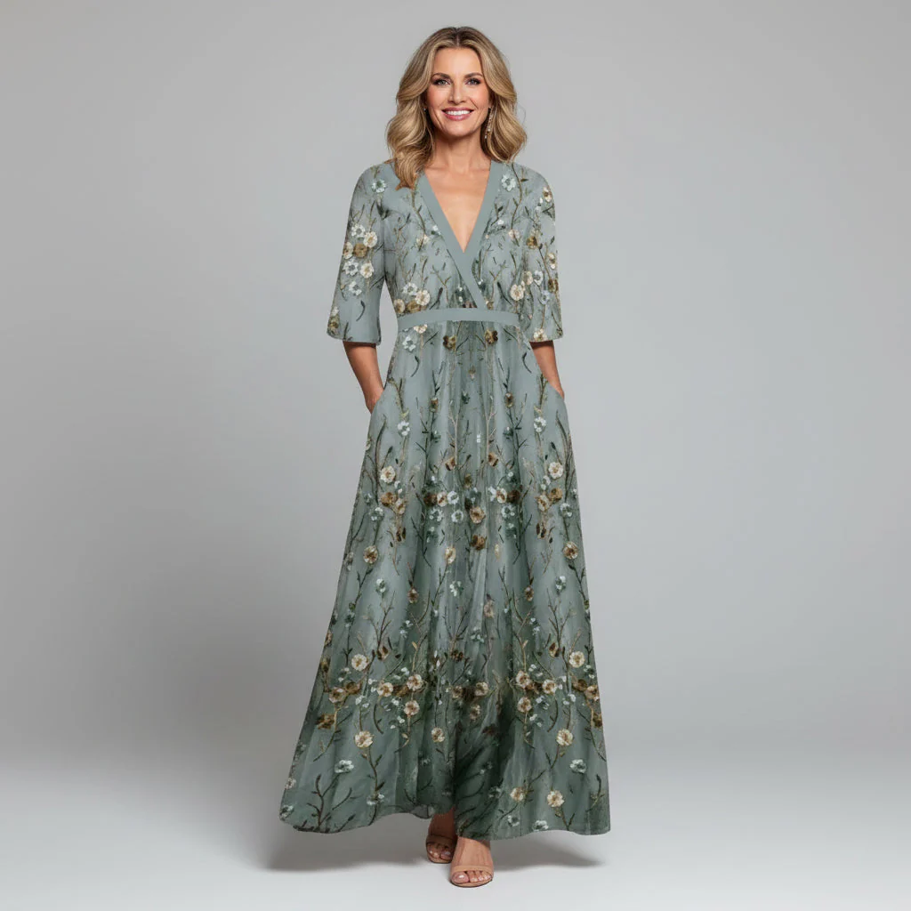 Embroidered Floral V-Neck Maxi Dress - Holiday and Wedding Guest Summer Dress - Image 2