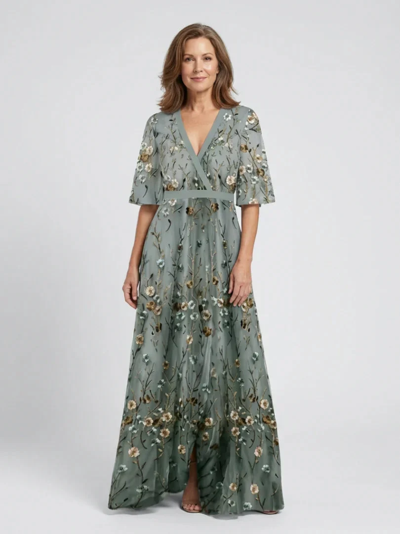 Embroidered Floral V-Neck Maxi Dress - Holiday and Wedding Guest Summer Dress - Image 3