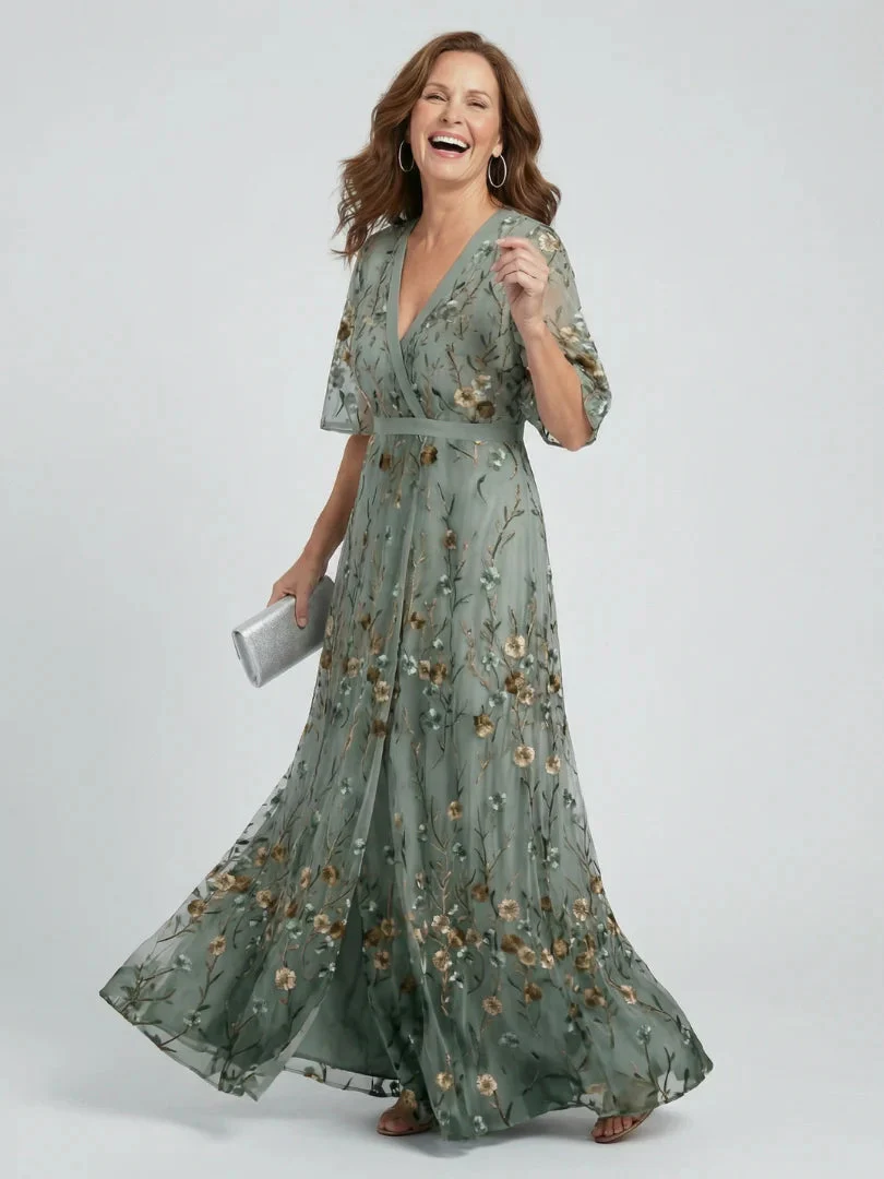 Embroidered Floral V-Neck Maxi Dress - Holiday and Wedding Guest Summer Dress - Image 4