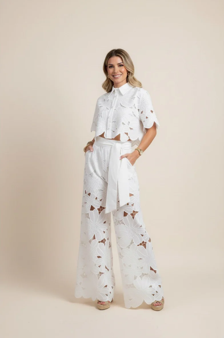 Floral Lace Cut-Out Cropped Shirt and Wide-Leg Trousers Set - Image 2