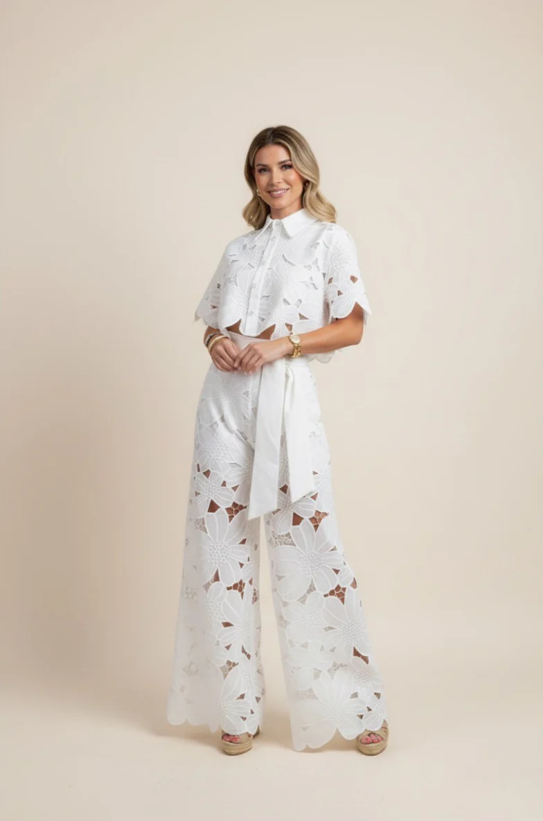 Floral Lace Cut-Out Cropped Shirt and Wide-Leg Trousers Set - Image 3