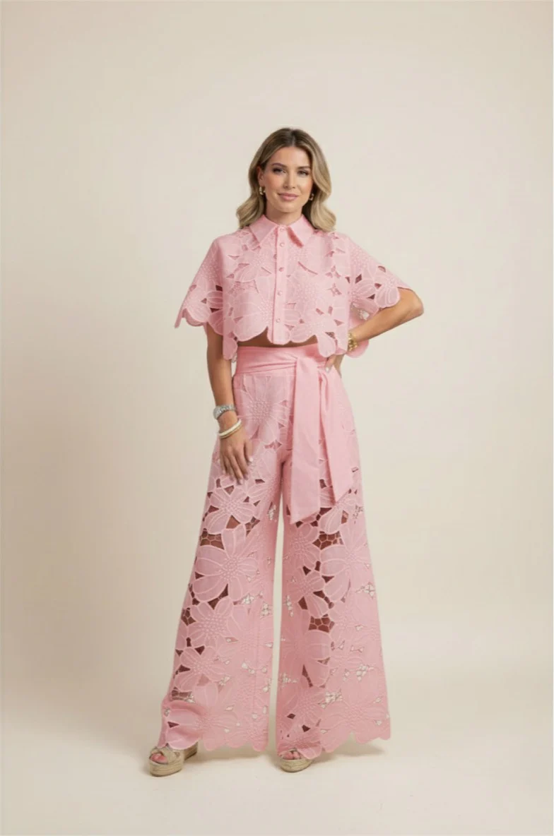Floral Lace Cut-Out Cropped Shirt and Wide-Leg Trousers Set - Image 4