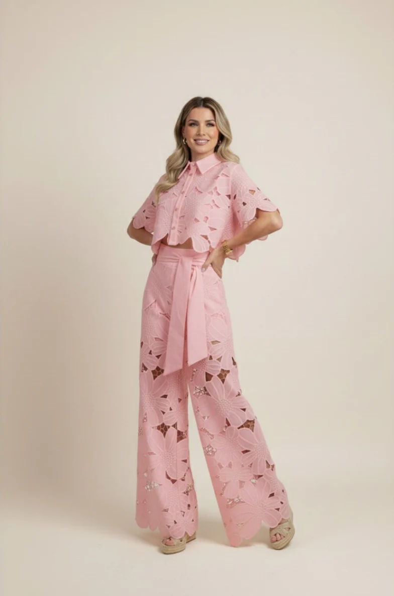 Floral Lace Cut-Out Cropped Shirt and Wide-Leg Trousers Set - Image 5