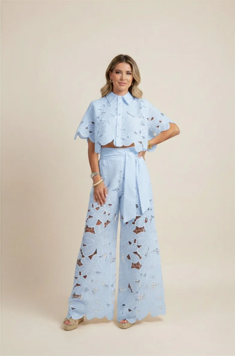 Floral Lace Cut-Out Cropped Shirt and Wide-Leg Trousers Set - Image 6