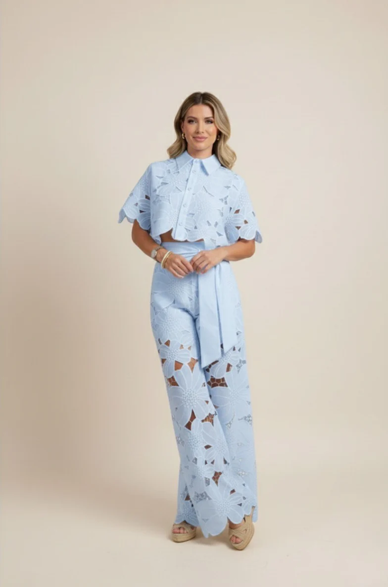 Floral Lace Cut-Out Cropped Shirt and Wide-Leg Trousers Set - Image 7