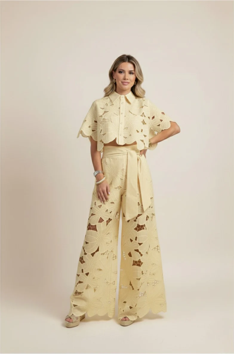 Floral Lace Cut-Out Cropped Shirt and Wide-Leg Trousers Set - Image 8
